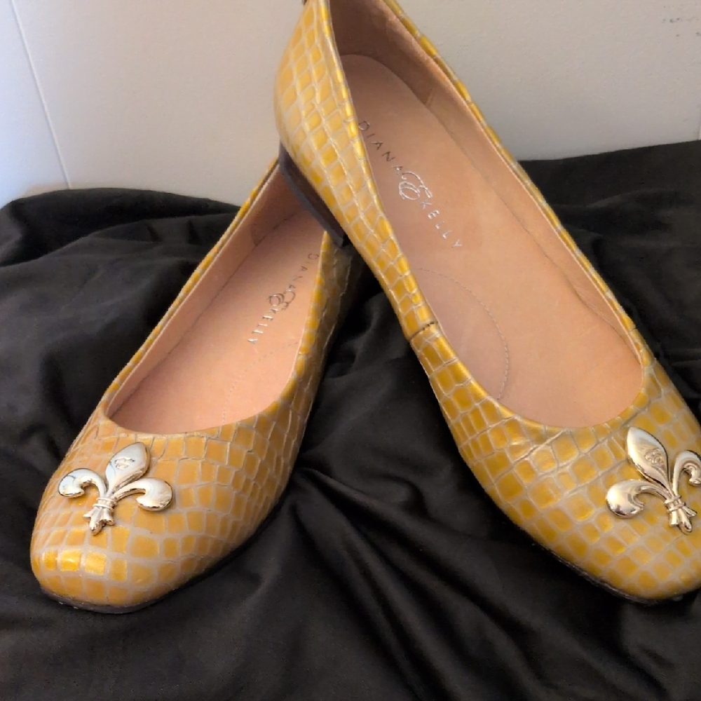 Diana Kelly Yellow Ballet Flats with Gold Fleur De Lis Design